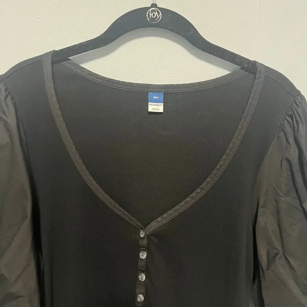 Old Navy Black Puff Sleeve V-Neck with Buttons Top Size XXL Henley Whimsigoth